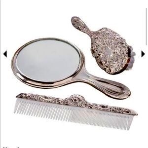 Victorian Trading Co Vintage Style Brush Comb and Mirror Set Silver Plated Brass